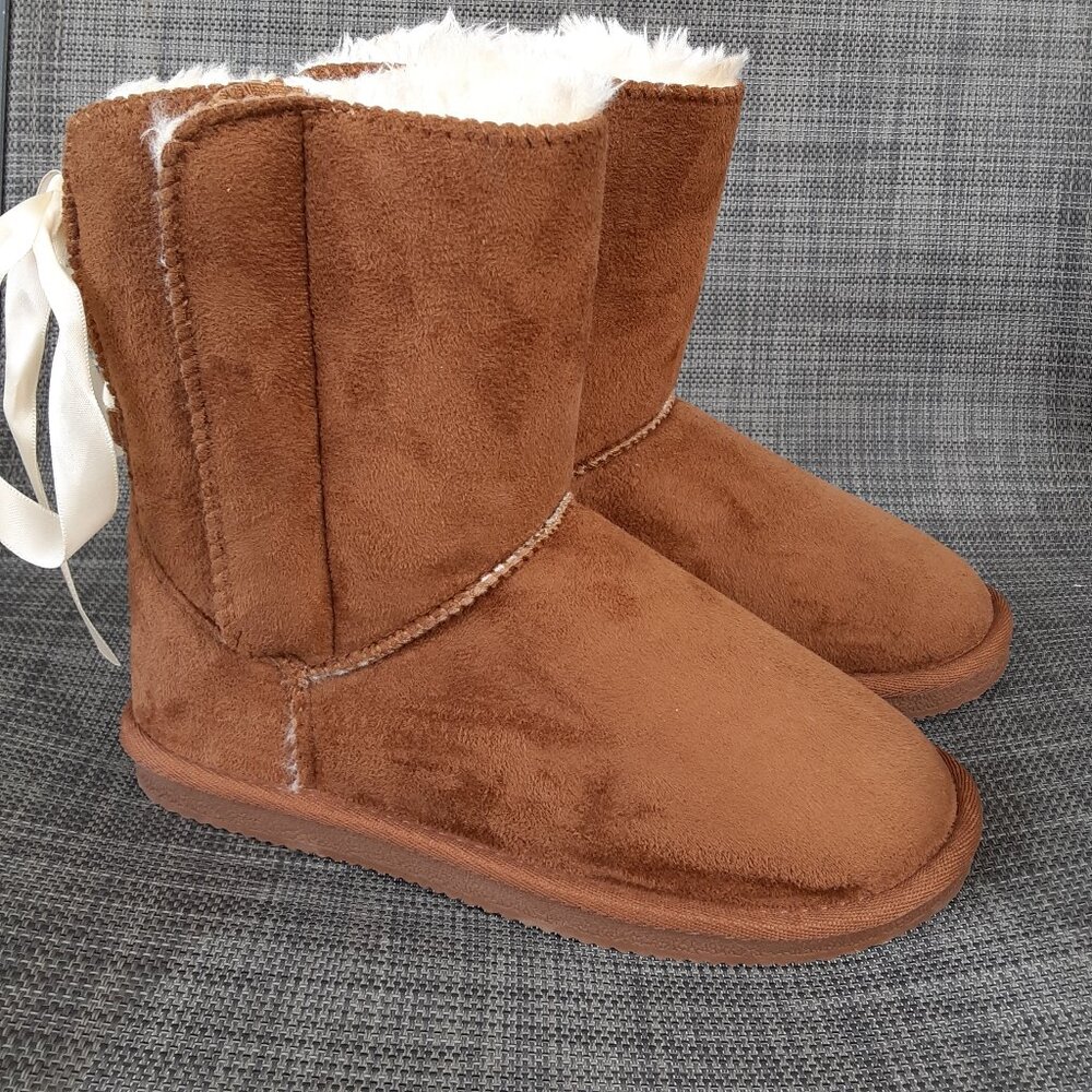 Après Youth Girls Boots Size 4Y Faux Fur Hook-Loop Bow Lace Brown Fur Lined
